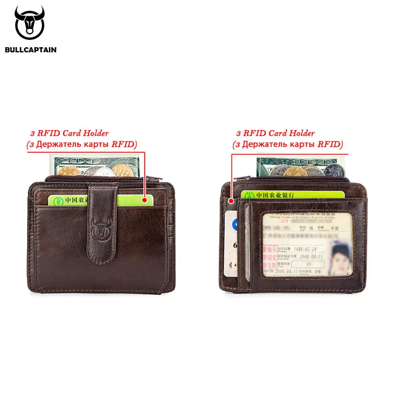 BULLCAPTAIN Genuine Leather RFID Blocking Zipper Card Holder Credit Cart Wallet Mini Slim Wallet Card & Id Holders Man Business