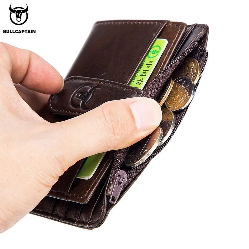 BULLCAPTAIN Genuine Leather RFID Blocking Zipper Card Holder Credit Cart Wallet Mini Slim Wallet Card & Id Holders Man Business