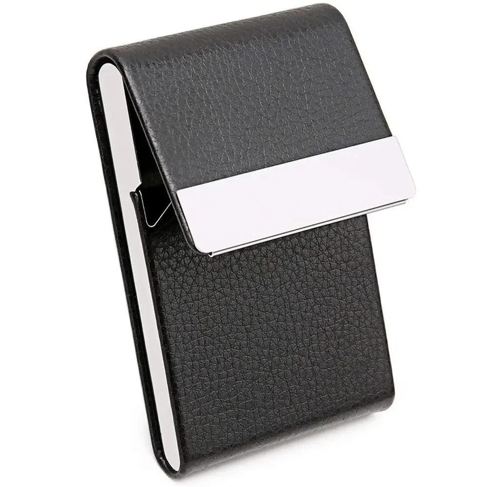 Men Business Card Holder Case - Slim PU Leather Metal Pocket Card Holder with Magnetic Shut, Name Card Holder