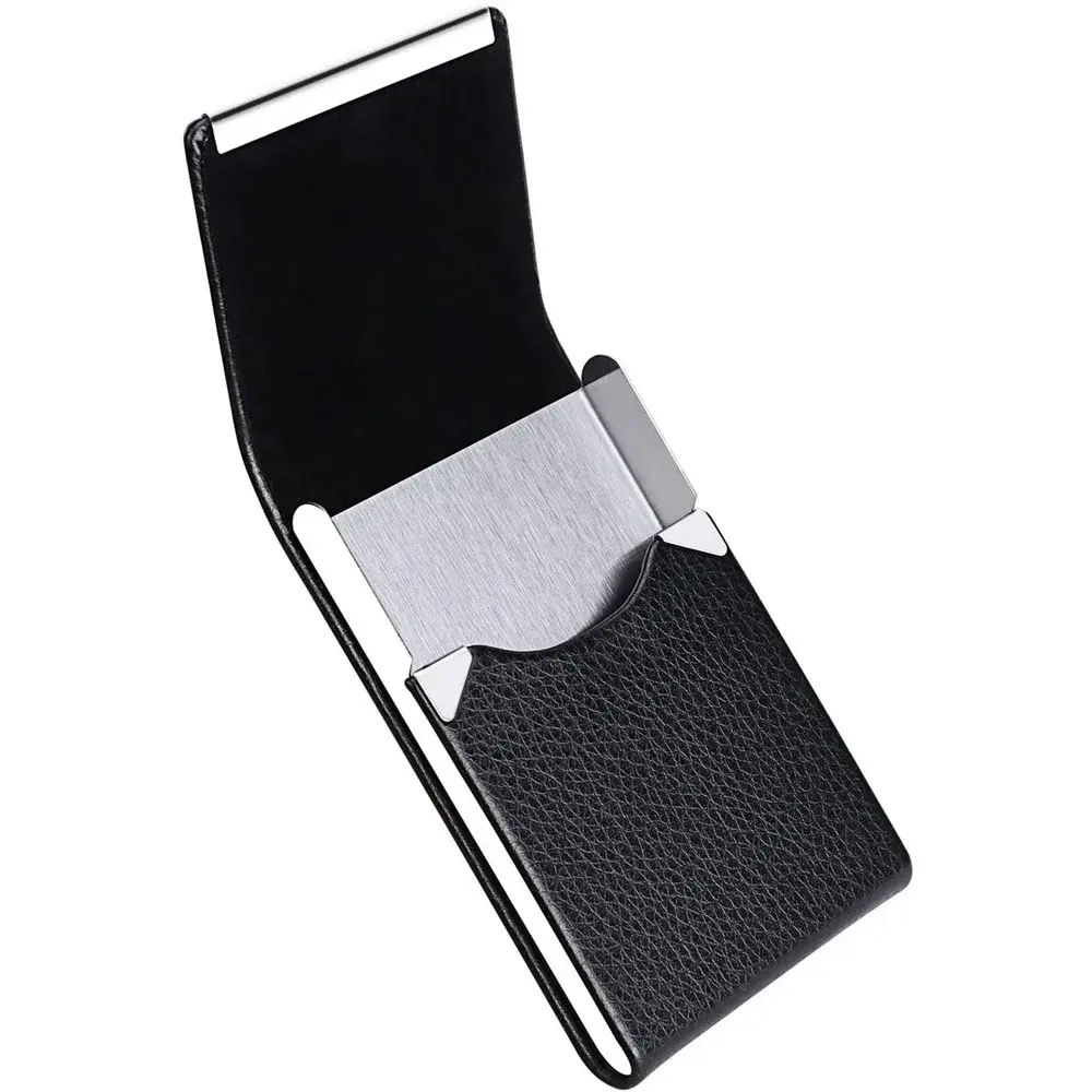 Men Business Card Holder Case - Slim PU Leather Metal Pocket Card Holder with Magnetic Shut, Name Card Holder
