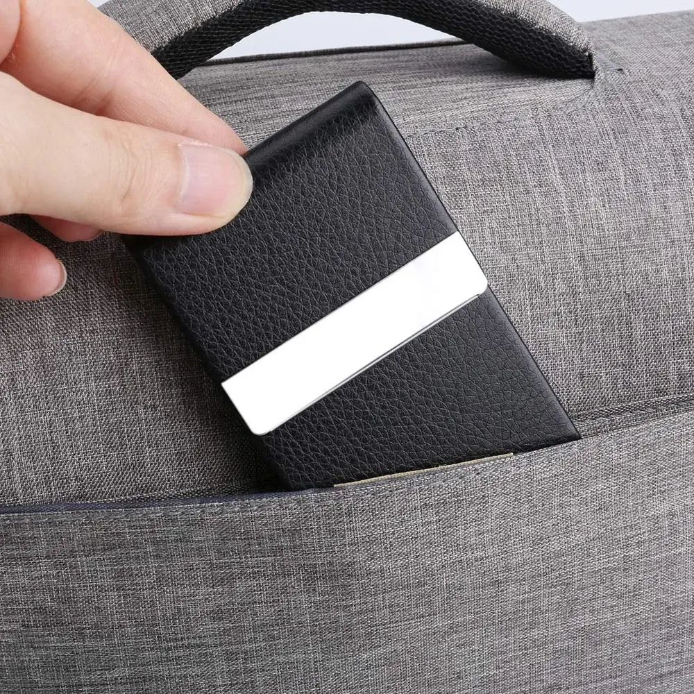 Men Business Card Holder Case - Slim PU Leather Metal Pocket Card Holder with Magnetic Shut, Name Card Holder