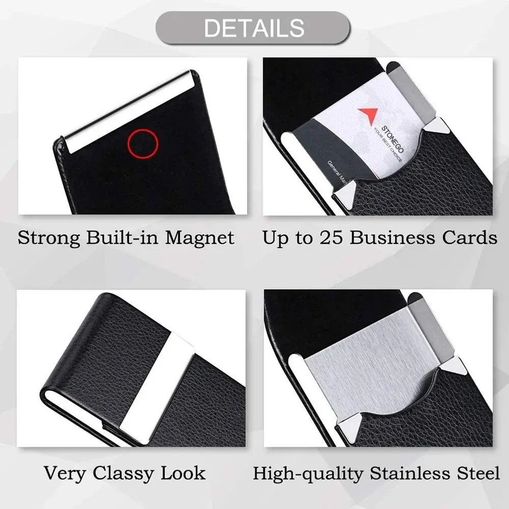 Men Business Card Holder Case - Slim PU Leather Metal Pocket Card Holder with Magnetic Shut, Name Card Holder