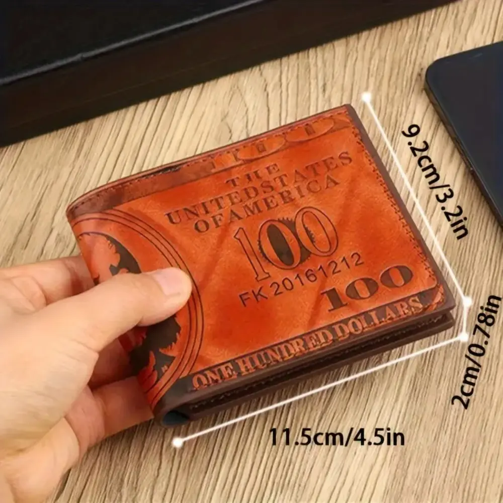 Vintage-Inspired Men's Faux Leather Wallet with Classic $100 Bill Design Multi-Functional Card Holder in Brown or Black