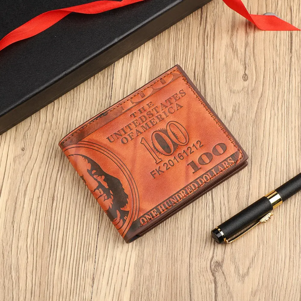 Vintage-Inspired Men's Faux Leather Wallet with Classic $100 Bill Design Multi-Functional Card Holder in Brown or Black