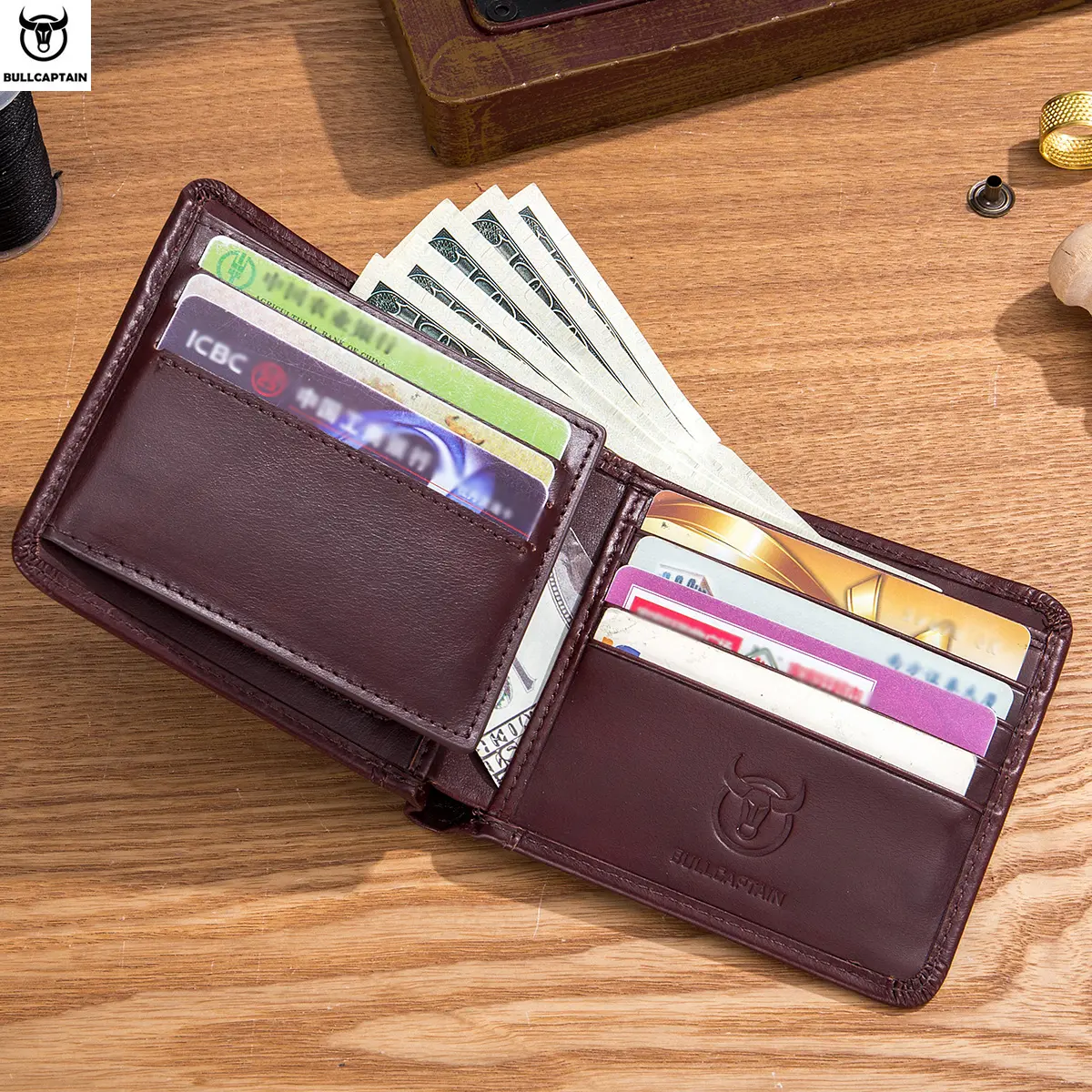 BULLCAPTAIN Men's Wallet Horizontal Classic Short Bi-Fold RFID Gift Box Leather Wallet  Credit Card Holder Wallet For Men QB031H
