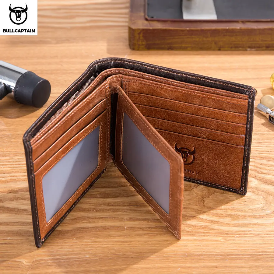 BULLCAPTAIN RFID Blocking Men's Leather Wallet Bifold Slim Wallet Multi-card Card Holder ID Wallet QB 05