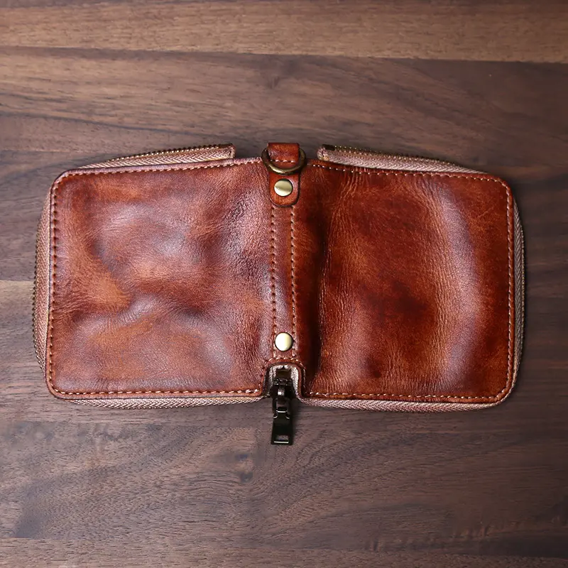 Retro Genuine Leather Men's Wallets Handcrafted With A Pure Top Layer Of Vegetable Tanned Cowhide Zipper Short Style Wallet