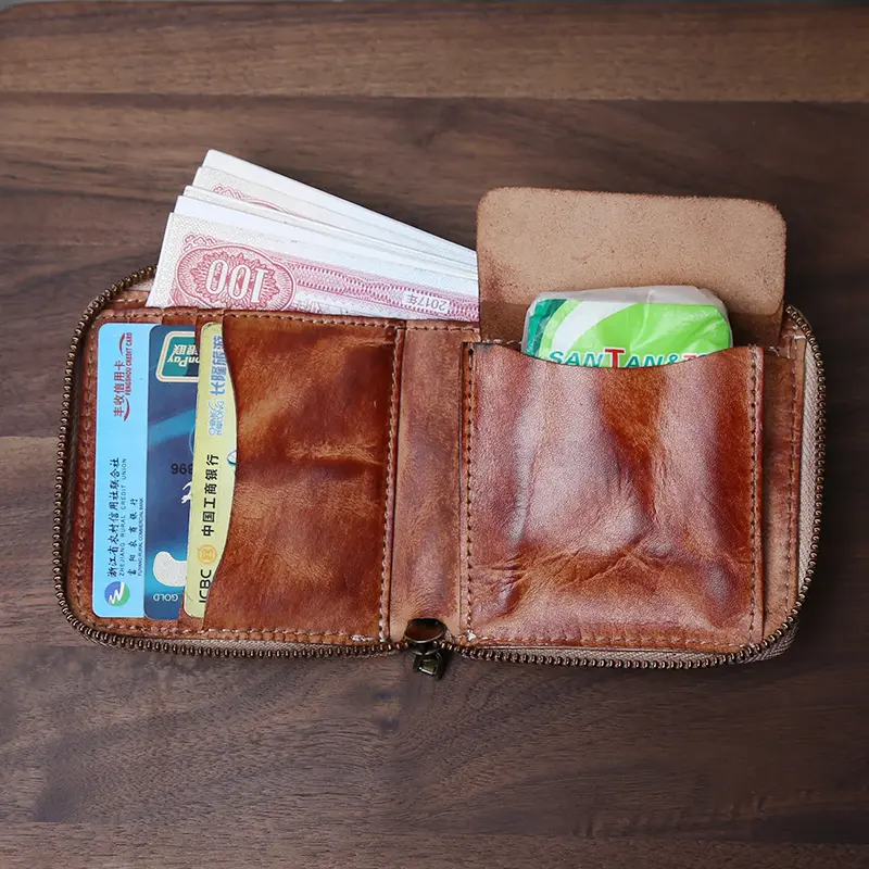 Retro Genuine Leather Men's Wallets Handcrafted With A Pure Top Layer Of Vegetable Tanned Cowhide Zipper Short Style Wallet
