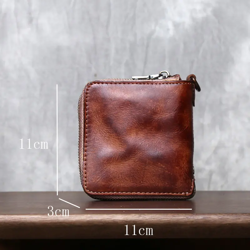 Retro Genuine Leather Men's Wallets Handcrafted With A Pure Top Layer Of Vegetable Tanned Cowhide Zipper Short Style Wallet