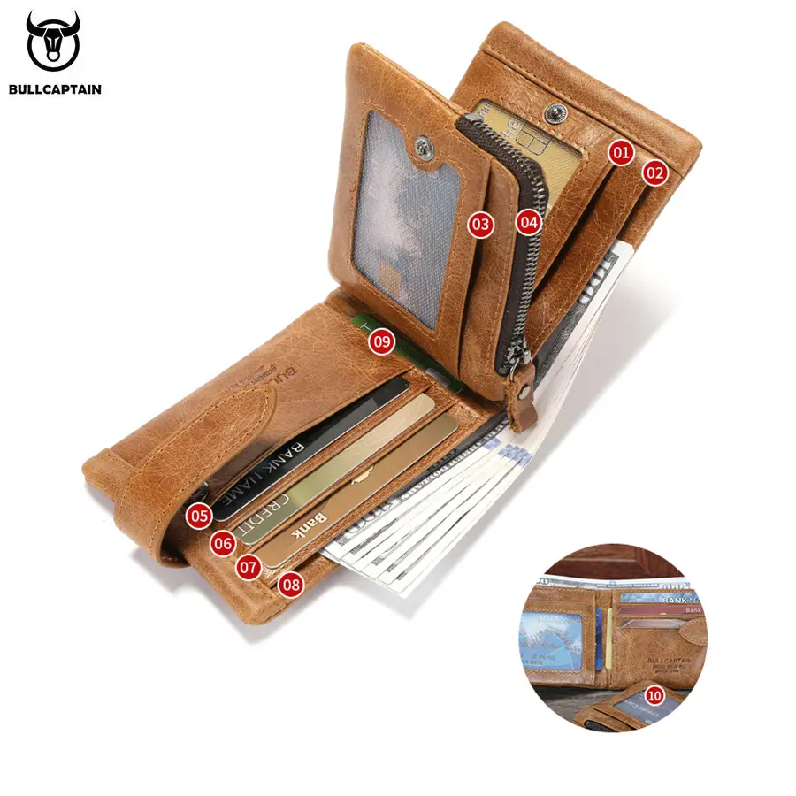 BULLCAPTAIN Classic Short Genuine Leather Men Wallets Fashion Coin Pocket Card Holder Men Purse Simple Quality Male Wallets
