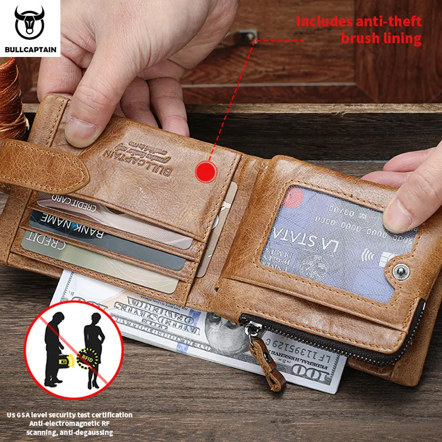 BULLCAPTAIN Classic Short Genuine Leather Men Wallets Fashion Coin Pocket Card Holder Men Purse Simple Quality Male Wallets