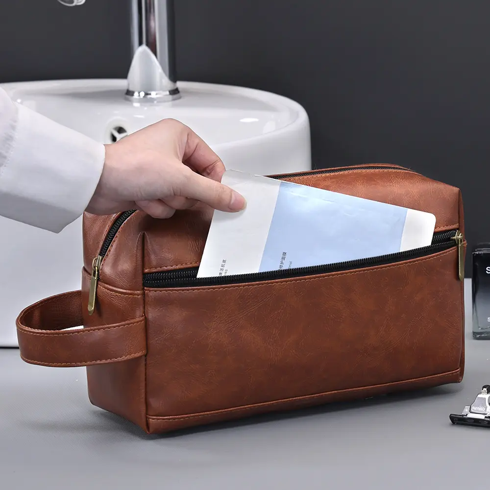 Men Leather Travel Business Shaving Cosmetic Bag Strorage Portable Toiletry Bag Large Capacity Organizer Handheld Wash Bag