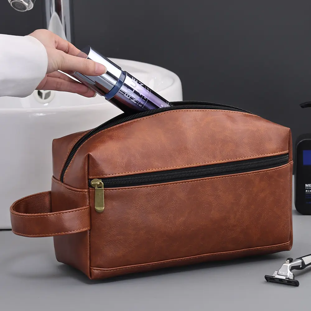 Men Leather Travel Business Shaving Cosmetic Bag Strorage Portable Toiletry Bag Large Capacity Organizer Handheld Wash Bag