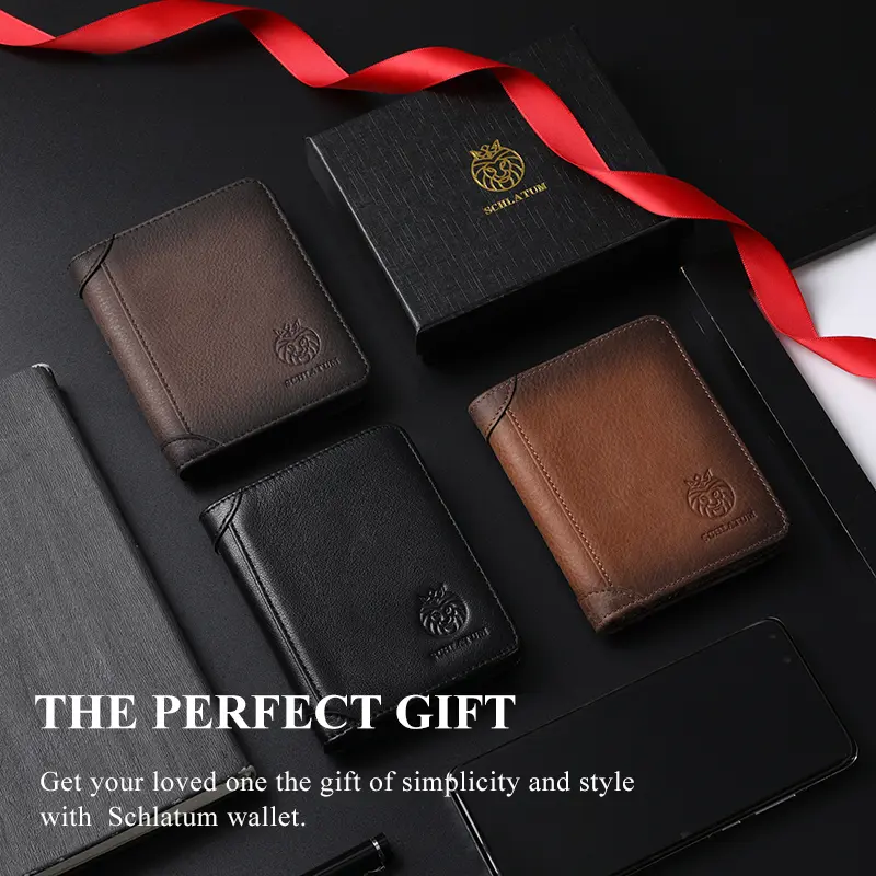 SCHLATUM Genuine Leather Men RFID Blocking short Ultra-thin wallet Retro Large Capacity Credit Card Holder Wallets