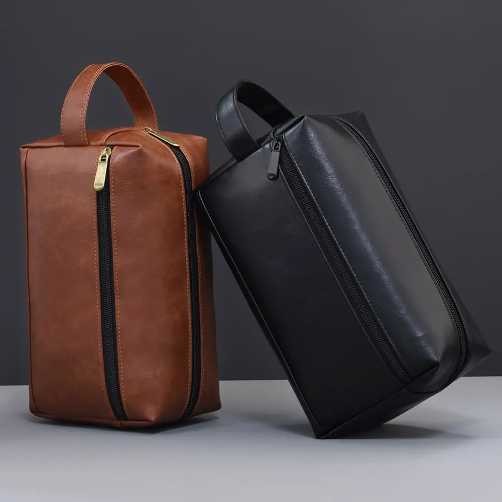 Men Leather Travel Business Shaving Cosmetic Bag Strorage Portable Toiletry Bag Large Capacity Organizer Handheld Wash Bag