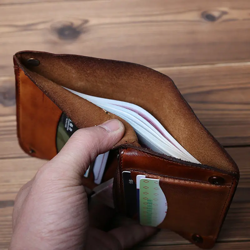 Retro Handmade Leather Ladies Wallet Top Layer Cowhide Men's Short Wallet Wiping Color Buckle Bag Vertical Credit Card Bag NZPJ