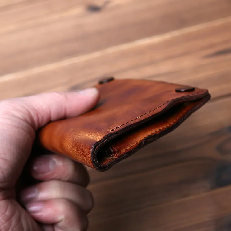 Retro Handmade Leather Ladies Wallet Top Layer Cowhide Men's Short Wallet Wiping Color Buckle Bag Vertical Credit Card Bag NZPJ