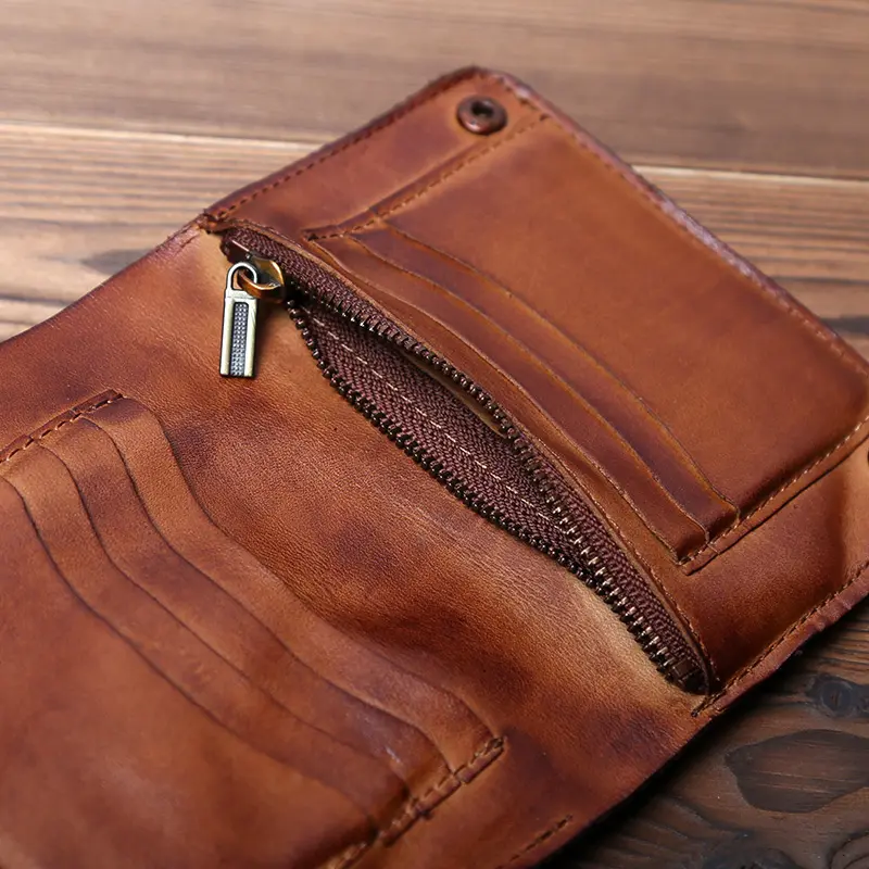 Retro Handmade Leather Ladies Wallet Top Layer Cowhide Men's Short Wallet Wiping Color Buckle Bag Vertical Credit Card Bag NZPJ