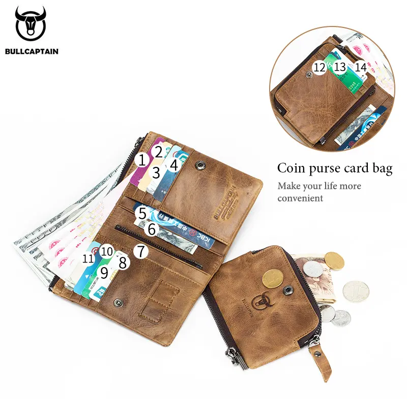 BULLCAPTAIN Authentic Leather Men's Wallet Short Purse Small Retro Wallet Brand High RFID New Short Wallet QB013
