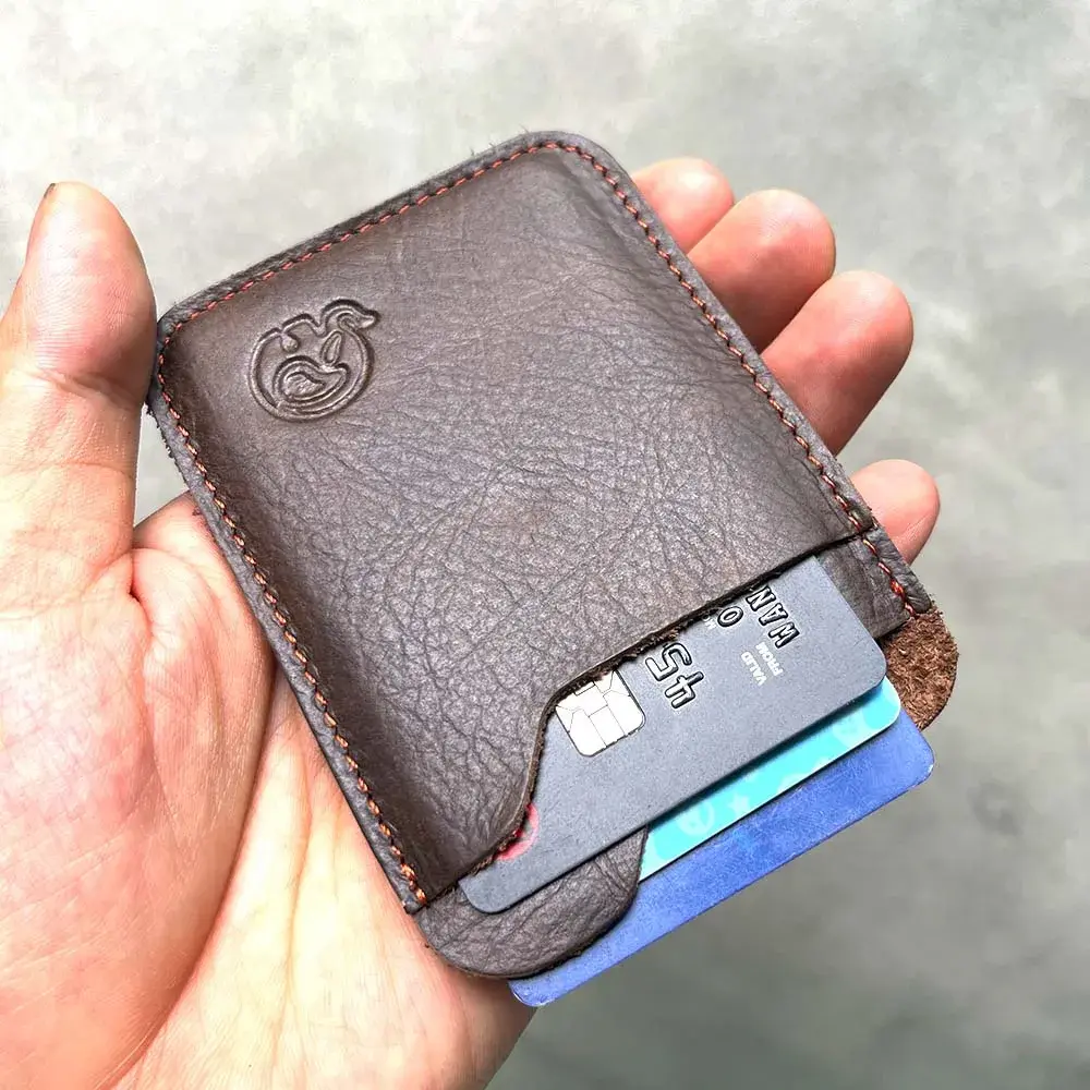 Slim Leather Card Holder Front Pocket Wallet (9.8x7cm) with 2 Card Slots - Genuine Leather Minimalist Card Wallet for Cards