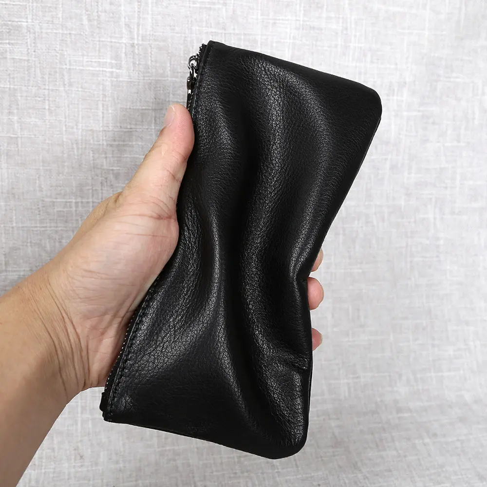ZRCX Men's Genuine Leather Long Zipper Wallet First Layer Cowhide Youth Ultra-Thin Handbag Wallet Trendy Brand Simple Wallet
