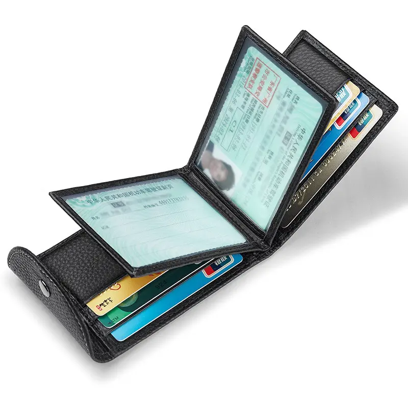 Black Driver's License Leather Case with Buckle Genuine  Slim Wallet Bank Credit Card Cover Multi Slot Mini Purse for Man