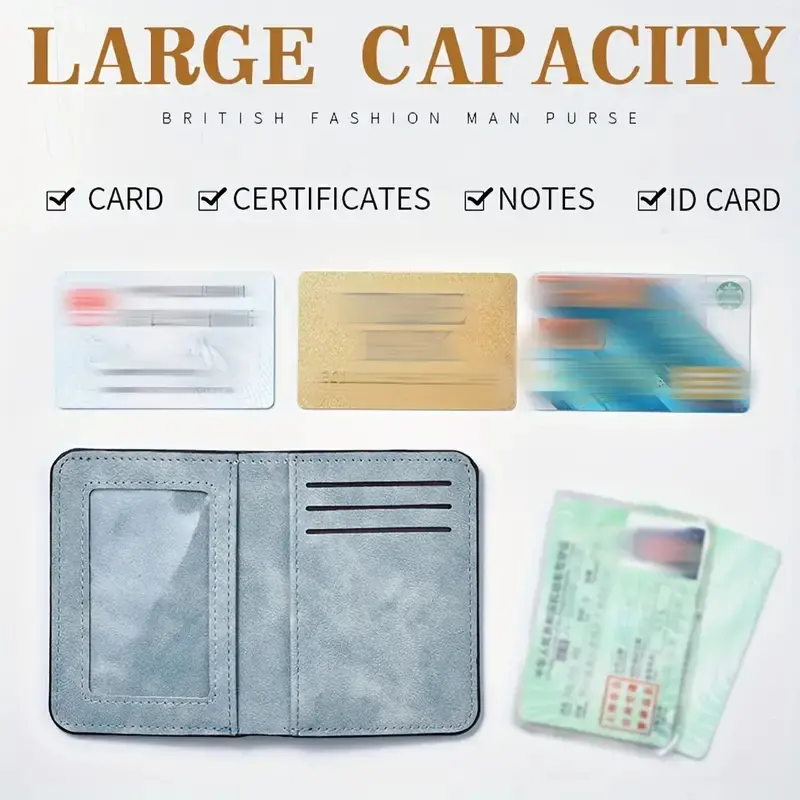 Men's Slim Wallet with Multiple Card Slots & ID Holder - Stylish Black Faux Leather, Portable Design