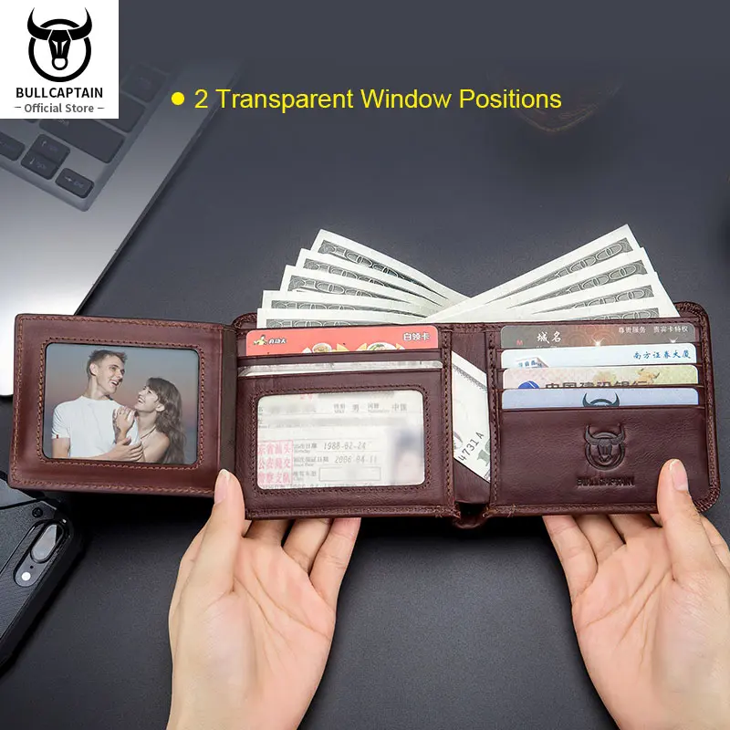 BULLCAPTAIN Free Print Photos Men's Genuine Leather Short Wallet 2021 New Simple Wallets RFID Small Mini Card Holder