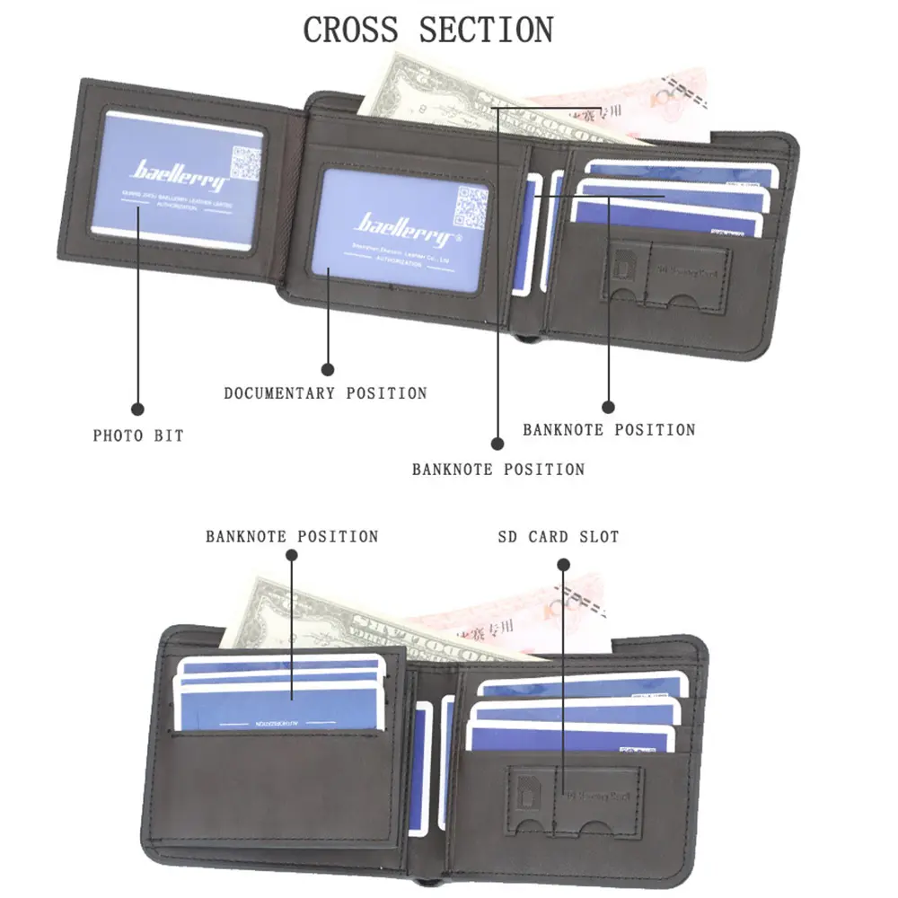 Baellerry Short Luxury Men Wallets High Quality PU Leather Vintage Name Engraving Male Wallet Brand Card Holder Small Men Purse