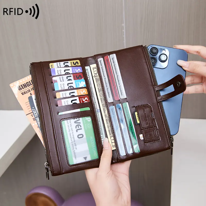 RFID Blocking Large Capacity Women's Purse, Solid Color, Soft Leather, Multi-functional Clutch Bag, Zipper, Men's Long Wallet