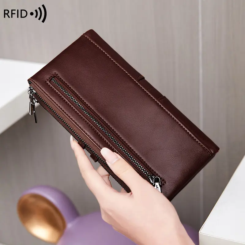 RFID Blocking Large Capacity Women's Purse, Solid Color, Soft Leather, Multi-functional Clutch Bag, Zipper, Men's Long Wallet