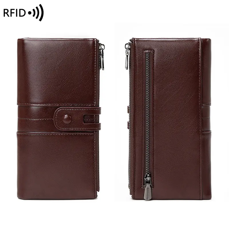 RFID Blocking Large Capacity Women's Purse, Solid Color, Soft Leather, Multi-functional Clutch Bag, Zipper, Men's Long Wallet