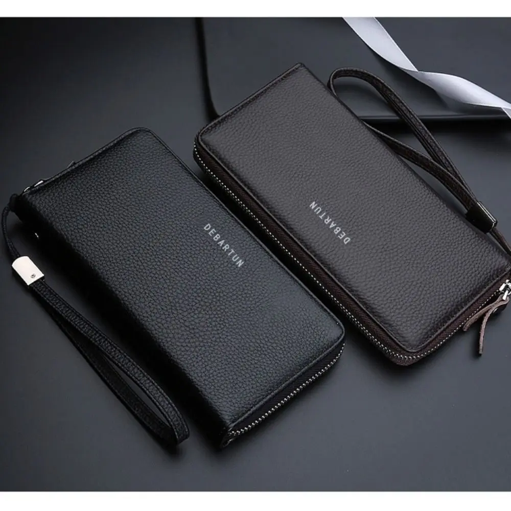 New PU Leather Men Long Wallet Large Capacity Zipper Phone Bag Solid Color Card Holder