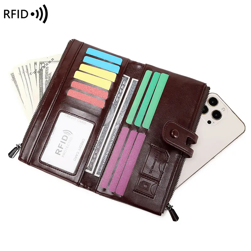 RFID Blocking Large Capacity Women's Purse, Solid Color, Soft Leather, Multi-functional Clutch Bag, Zipper, Men's Long Wallet