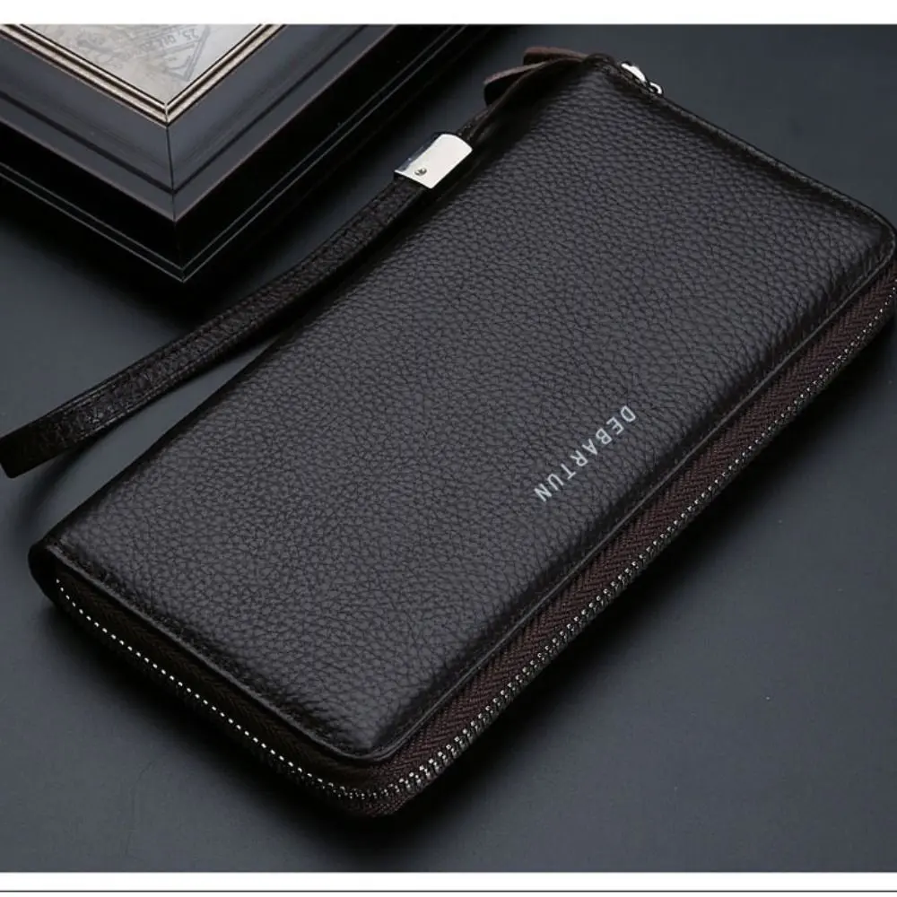 New PU Leather Men Long Wallet Large Capacity Zipper Phone Bag Solid Color Card Holder