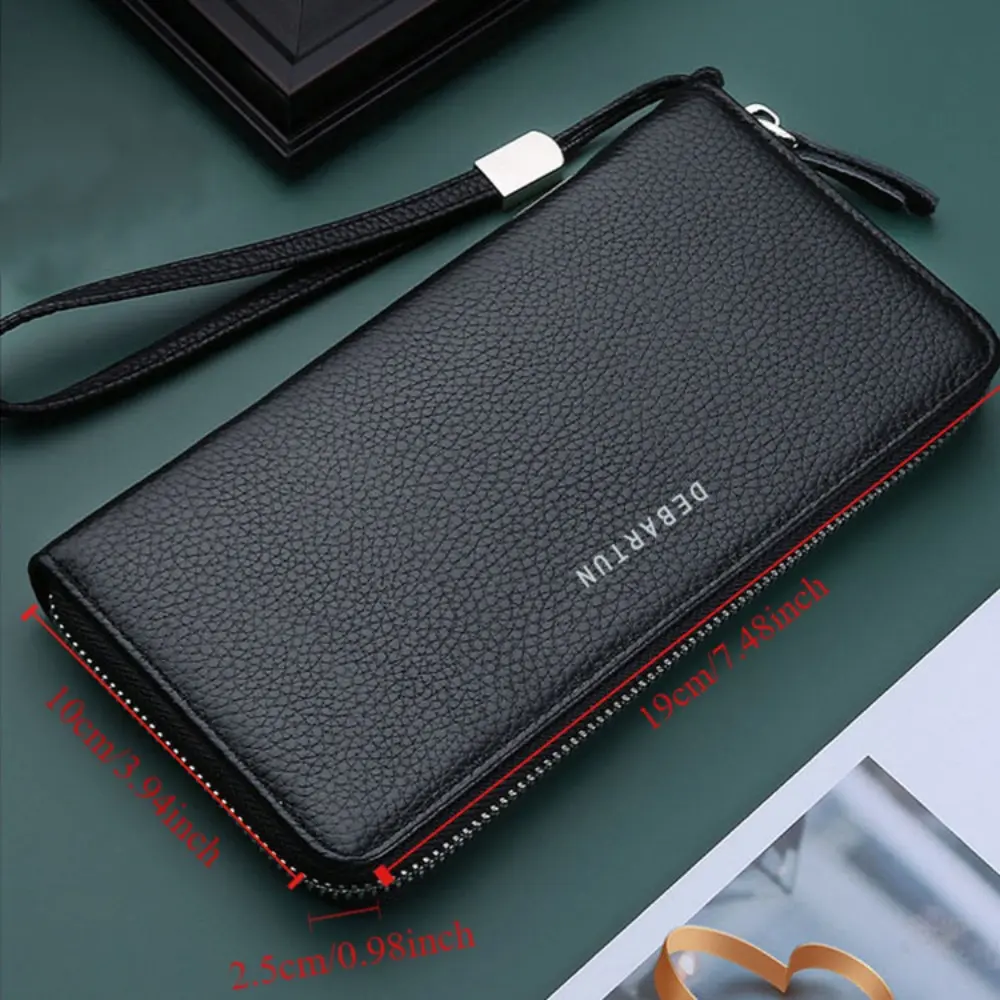 New PU Leather Men Long Wallet Large Capacity Zipper Phone Bag Solid Color Card Holder