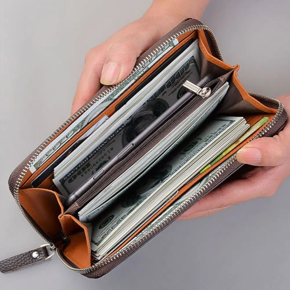 New PU Leather Men Long Wallet Large Capacity Zipper Phone Bag Solid Color Card Holder