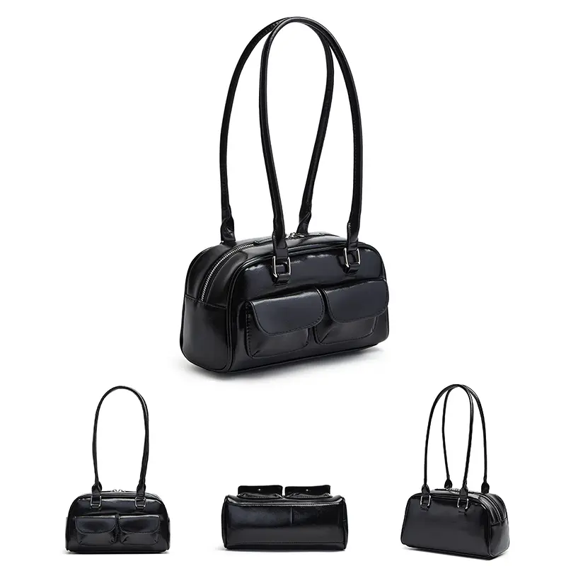 New women's bag fashion niche oil wax leather bowling bag multi-pocket armpit bag commuting handbag single shoulder bag