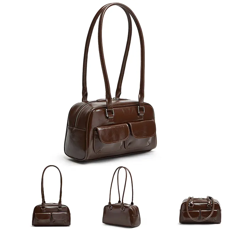 New women's bag fashion niche oil wax leather bowling bag multi-pocket armpit bag commuting handbag single shoulder bag