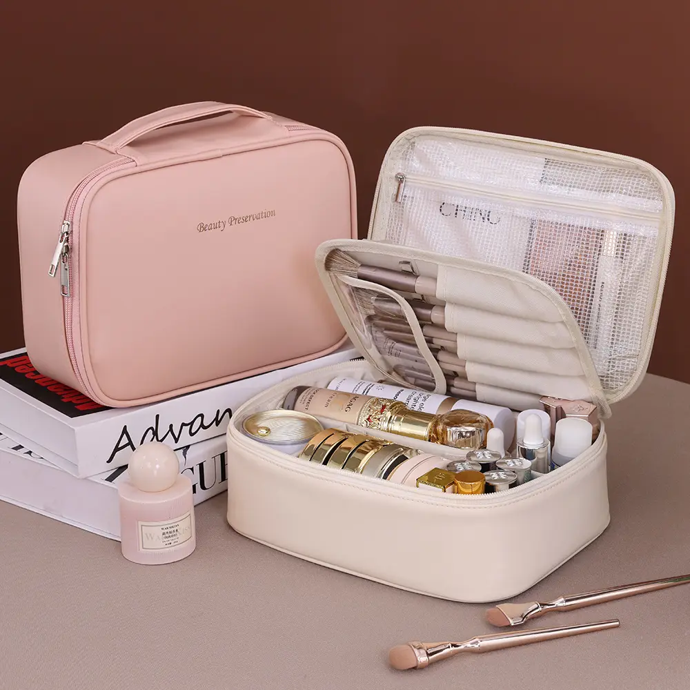 Double Layer PU Leather Makeup Bag Large Capacity Cosmetic Bag Luxury Cosmetics Organizer Women's Travel Essentials