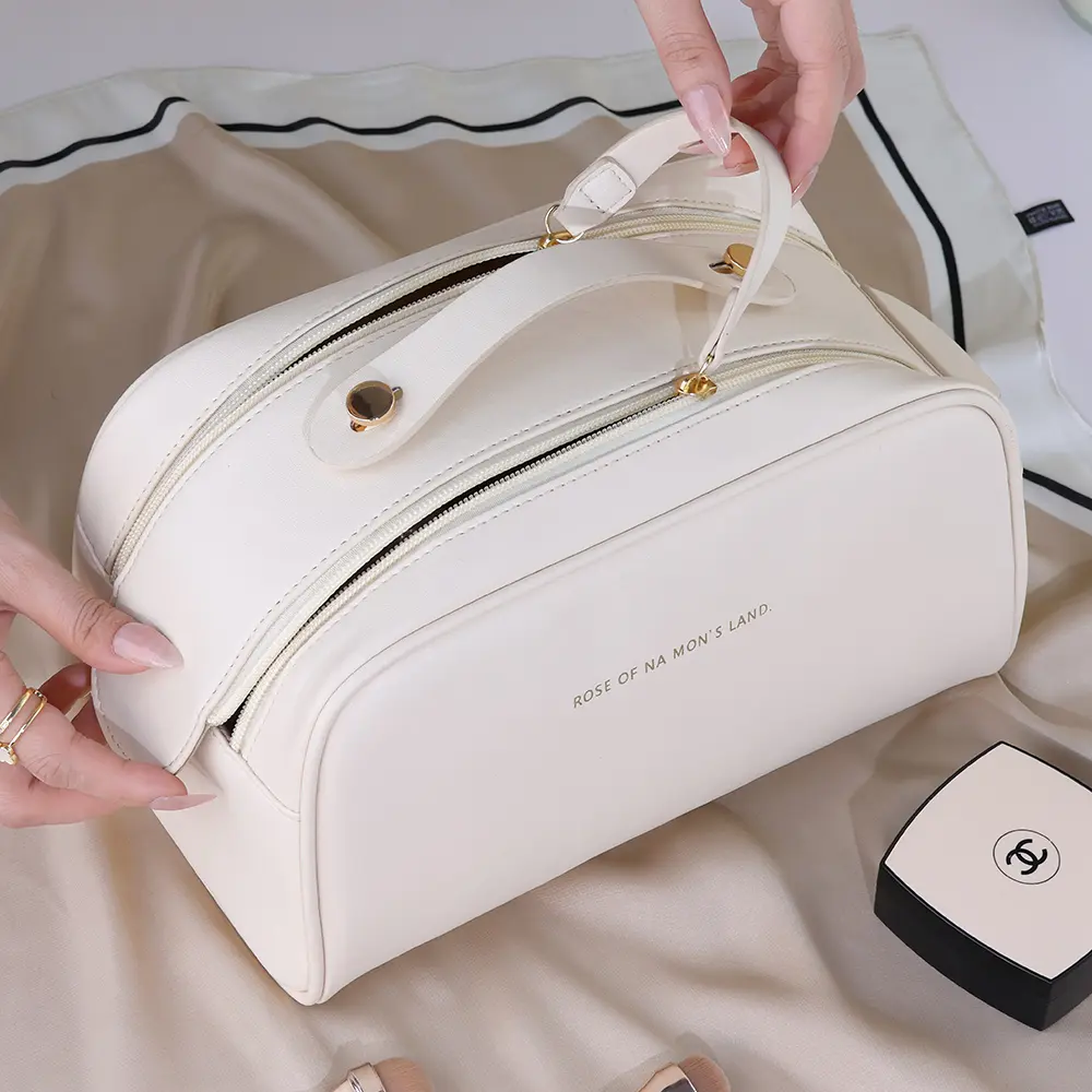 Women's Cosmetic Bag Double Zip Large Capacity Waterproof Pu Leather Portable Travel Toiletry Storage Bag For Beauty Makeup Bag