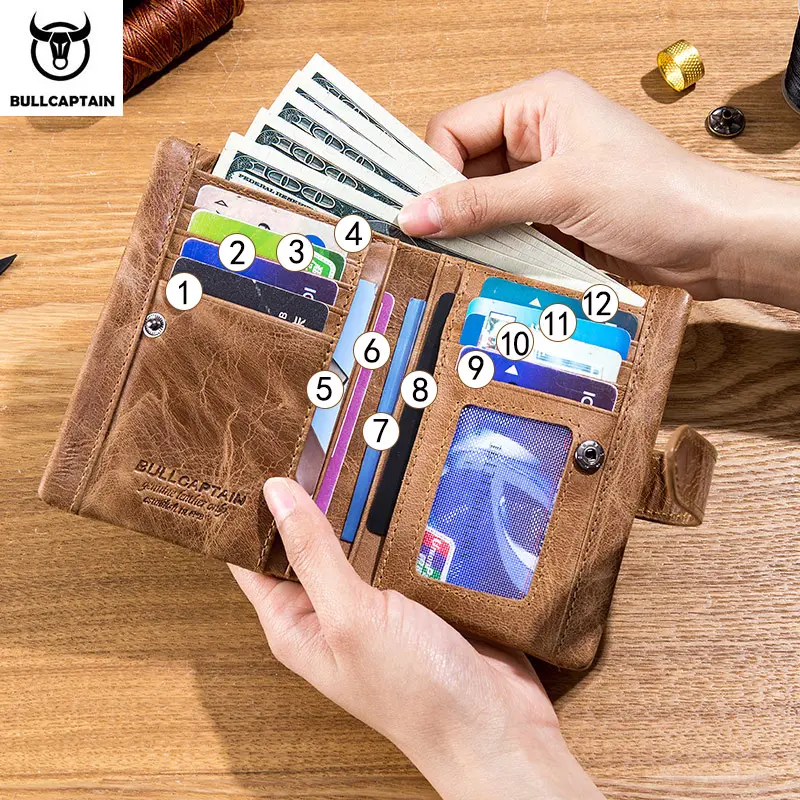BULLCAPTAIN leather wallet men's fashion two-fold card holder wallet RFID blocking men wallet men coin purse yellow brown 01