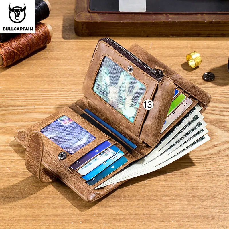 BULLCAPTAIN leather wallet men's fashion two-fold card holder wallet RFID blocking men wallet men coin purse yellow brown 01