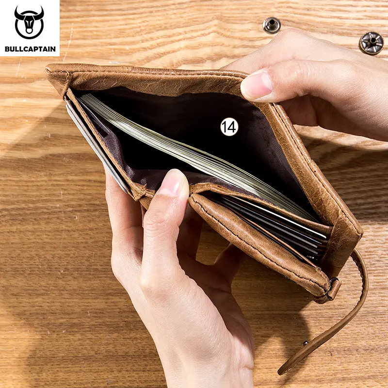 BULLCAPTAIN leather wallet men's fashion two-fold card holder wallet RFID blocking men wallet men coin purse yellow brown 01