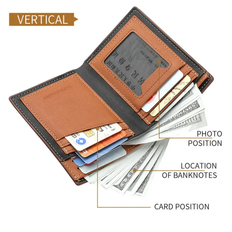 Men's Stripe Vertical Wallet Multi Function ID Credit Card Holder Two -fold Money Clip High Quality Leather Coin Purse