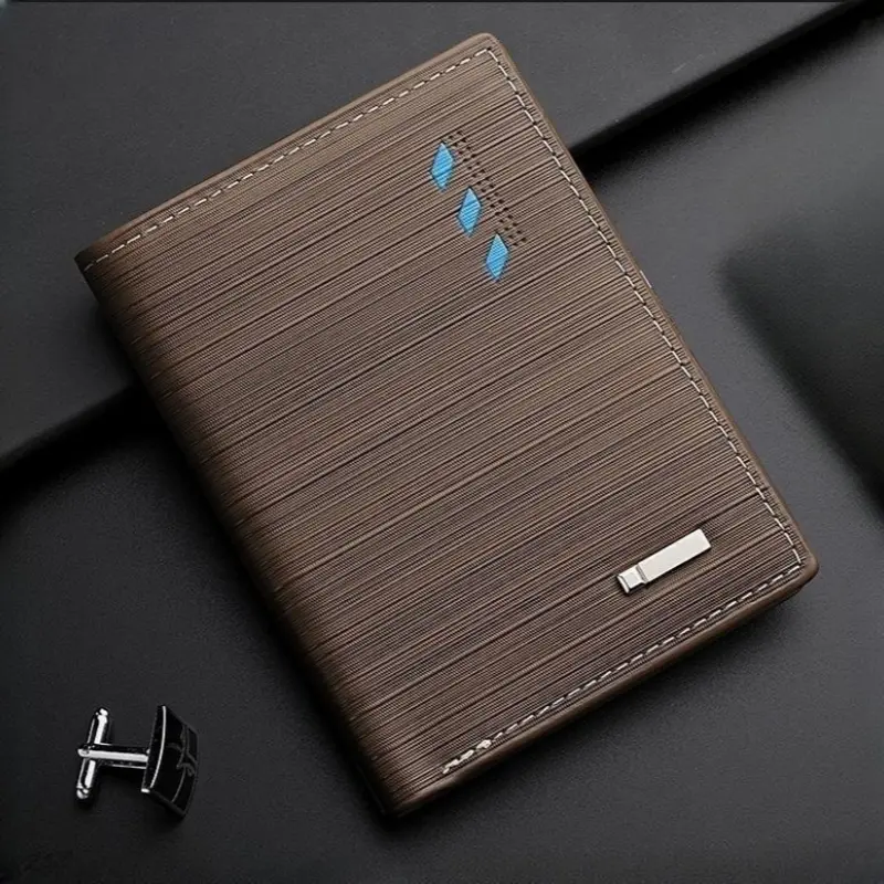 Men's Stripe Vertical Wallet Multi Function ID Credit Card Holder Two -fold Money Clip High Quality Leather Coin Purse