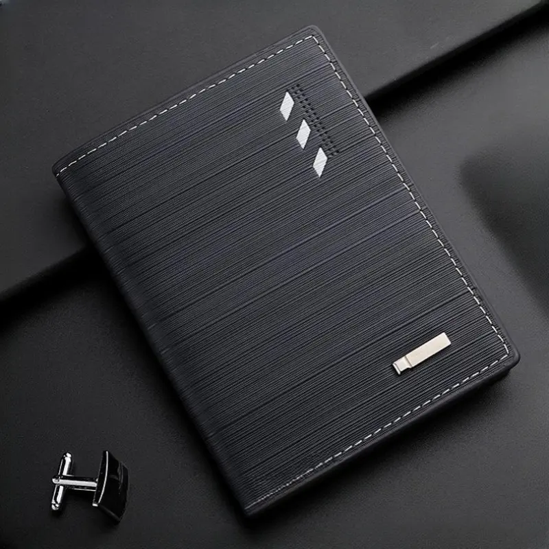 Men's Stripe Vertical Wallet Multi Function ID Credit Card Holder Two -fold Money Clip High Quality Leather Coin Purse