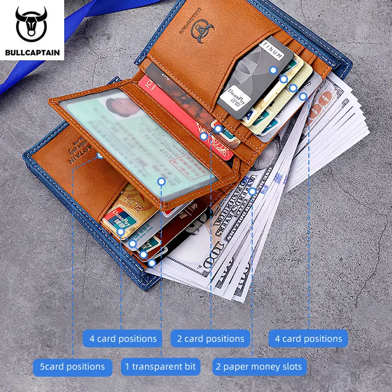 BULLCAPTAIN New 100% Leather Men's Wallet High Quality Product Leather Men's Wallet Multifunctional Card Slot Short Wallet QB017