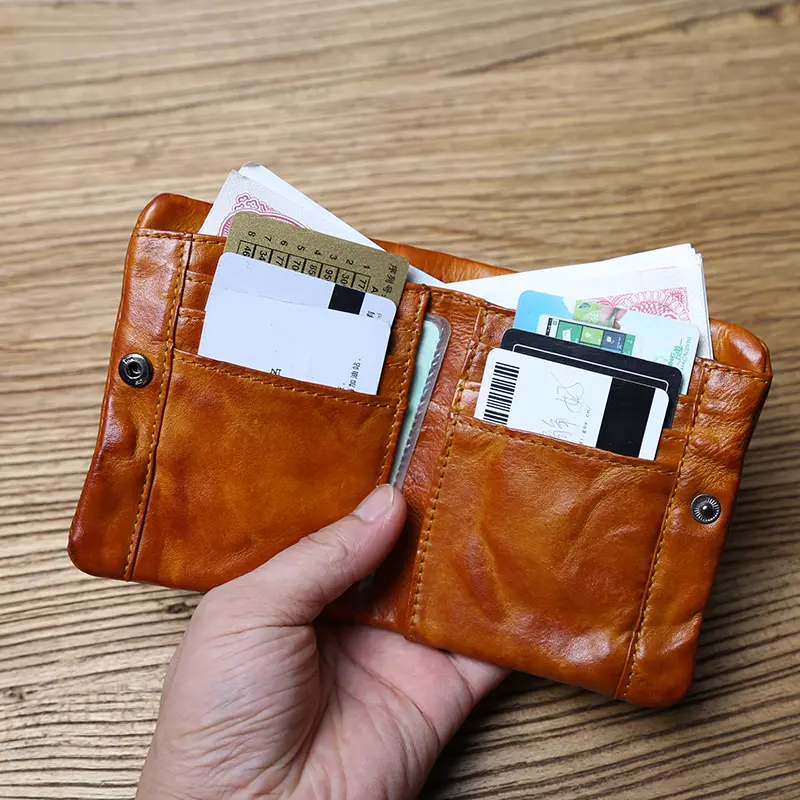 NZPJ Male Retro Leather Wallet Female Short Wallet First Layer Cowhide Vertical Wallet Vegetable Tanned Leather Bank Card Holder