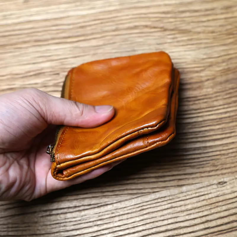NZPJ Male Retro Leather Wallet Female Short Wallet First Layer Cowhide Vertical Wallet Vegetable Tanned Leather Bank Card Holder